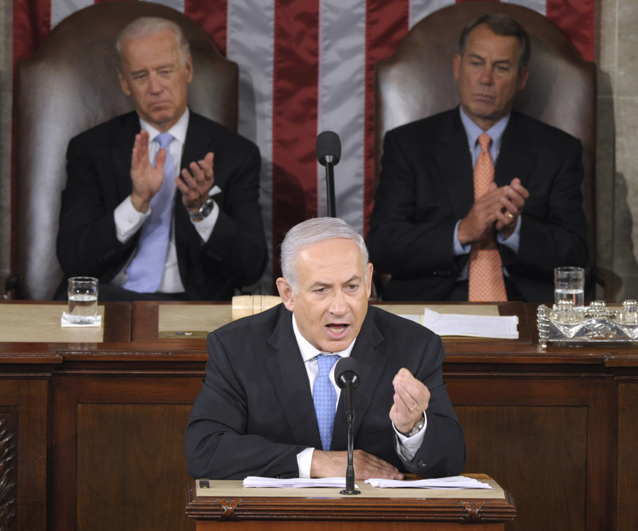 Israeli Prime Minister Benjamin Netanyahu addresses a joint meeting of Congress on Capitol Hill in Washington, Tuesday, May 24, 2011. Vice President Joe Biden, left, and House Speaker John Boehner of Ohio, right, listen. (AP Photo/Susan Walsh) via Salon.com