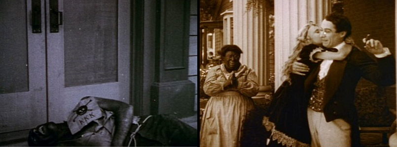 FROM LEFT TO RIGHT: The Klan murders Gus to retaliate for Flora's death. Mammy, played in blackface makeup by white actress Jenny Lee, serves as a gross caricature and counter to the film's mediations on white female beauty.